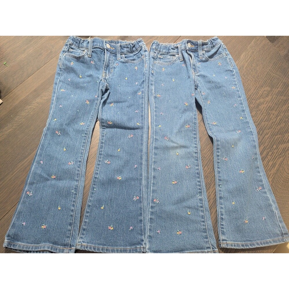 2 Pairs Old Navy Girl's Flare Jeans Size 7 Floral Embroidered Adjustable Waist